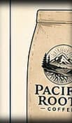 Kraft valve bag stamped with the Pacific Roots medallion