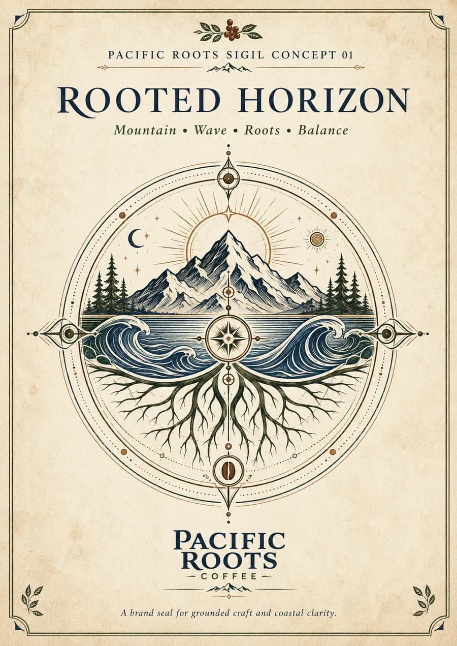 Rooted Horizon sigil — Mountain, Wave, Roots, Balance